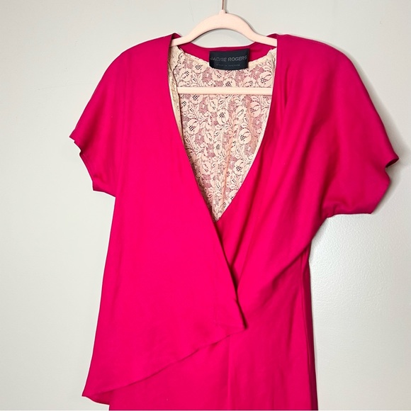 Vintage Pink V Neck Button Front Midi 100% Linen Dress Lace Slip Lining Large - Picture 3 of 15